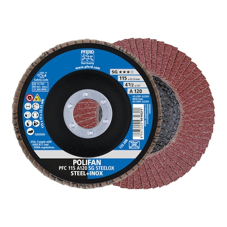 Pferd 4-1/2" x 7/8" A.H. POLIFAN Flap Disc - A SG STEELOX, Aluminum oxide, 120 Grit, Conical 62205